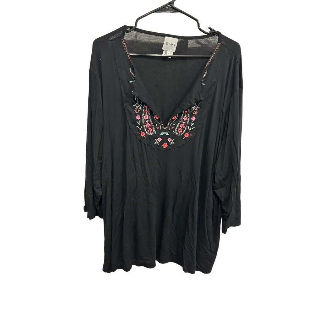 Evan Embroidered Peasant Tunic Top Black Multi Plus Sz 3X Floral Bohemian